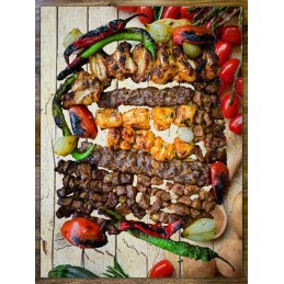 Grilio lenta užkandžiams patiekti, sūris, mėsa, grūdintas stiklas, 30x22cm, pomidorų motyvas ant medžio