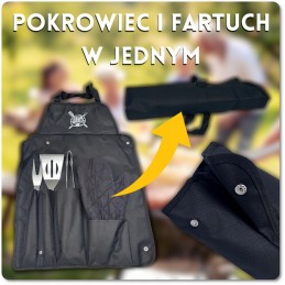 Kepsninės komplektas su prijuoste, kepsninės įrankiai, stalo įrankiai, prijuostė