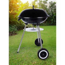 Grilis su anglimis ant ratukų, chromuotos grotelės, sferinės grotelės su dangteliu, 37 x 37 cm