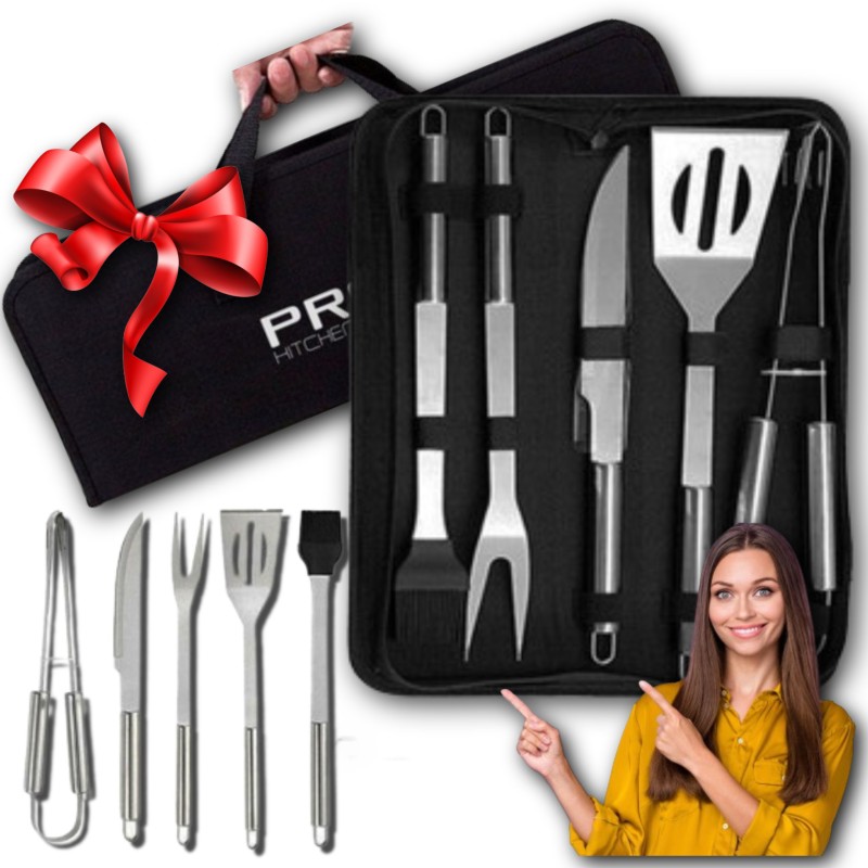 Kepsninės komplektas, kepsninės stalo įrankiai, 5in1 plienas, kepimo dovana + dėklas