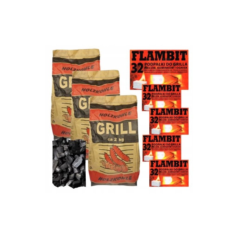 Medžio anglis 2 kg x 3 vnt + liepsnojantis kubelių kūrenimas griliui, viryklėms ir židiniams (32 vnt.) x 5 pakuotės