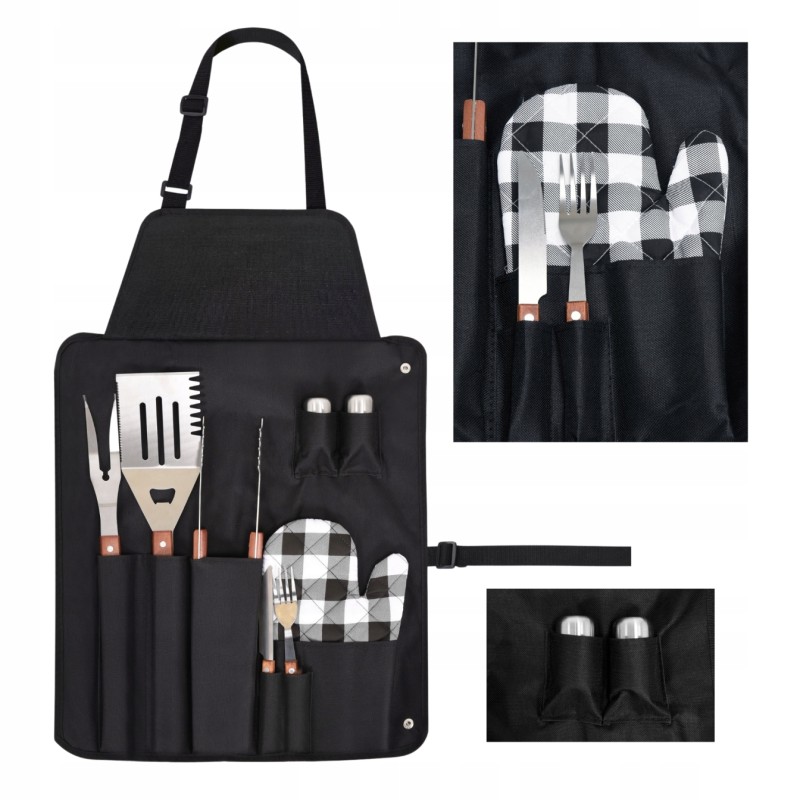 Grilio prijuostė + aksesuarai 8 vnt. didelės komplektacijos pirštinių mentelė ir žnyplės