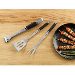 Grilio stalo įrankių rinkinys: žnyplės + mentelė + natūralus šepetys