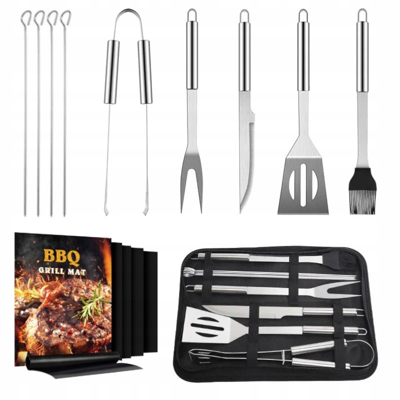 Grilio rinkinys, priedai, bbq grilio įrankiai, 9 in 1, 4 kilimėliai