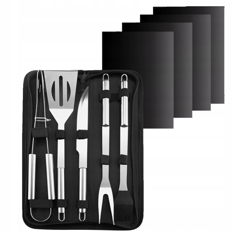 Grilio rinkinys, priedai, bbq grilio įrankiai, 5 in 1, 4 kilimėliai