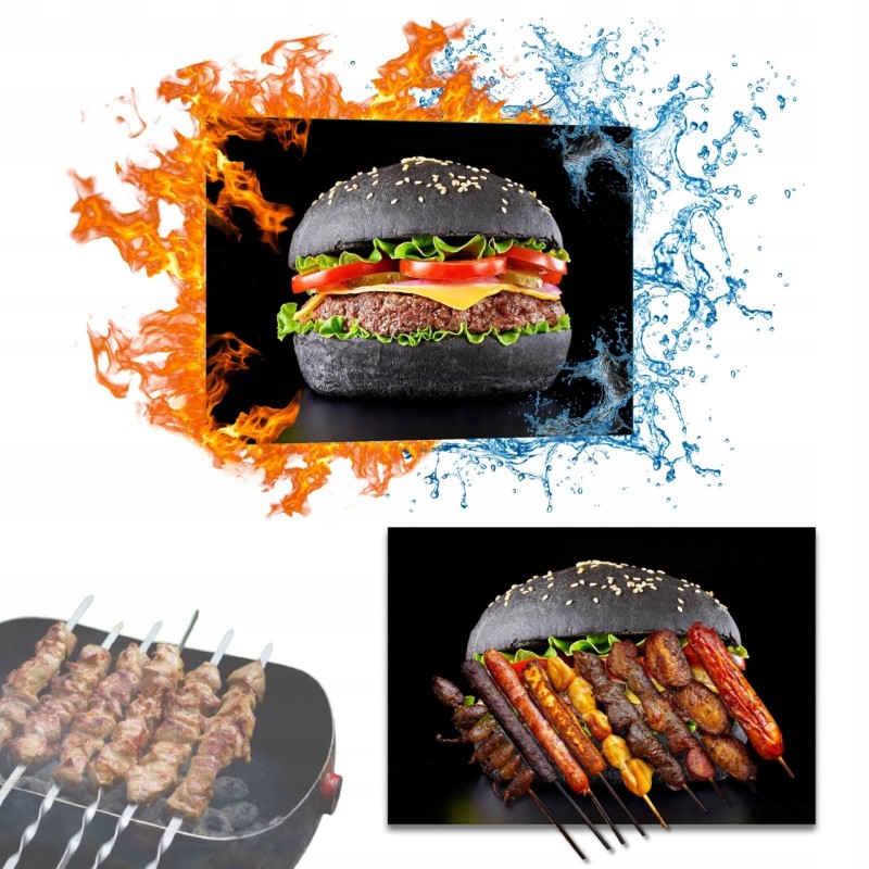 Grilio lenta užkandžiams patiekti sūris mėsa grūdintas stiklas 52x40cm juodo mėsainio motyvas