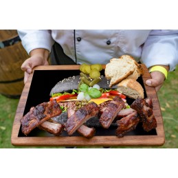 Grilio lenta užkandžiams patiekti sūris mėsa grūdintas stiklas 52x40cm juodo mėsainio motyvas