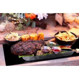 Grilio lenta užkandžiams patiekti sūris mėsa grūdintas stiklas 52x40cm juodo mėsainio motyvas