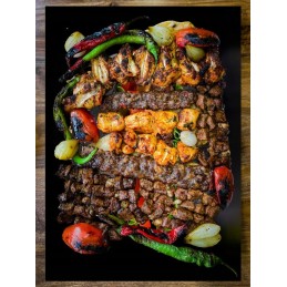 Grilio lenta užkandžiams patiekti sūris mėsa grūdintas stiklas 52x40cm juodo mėsainio motyvas