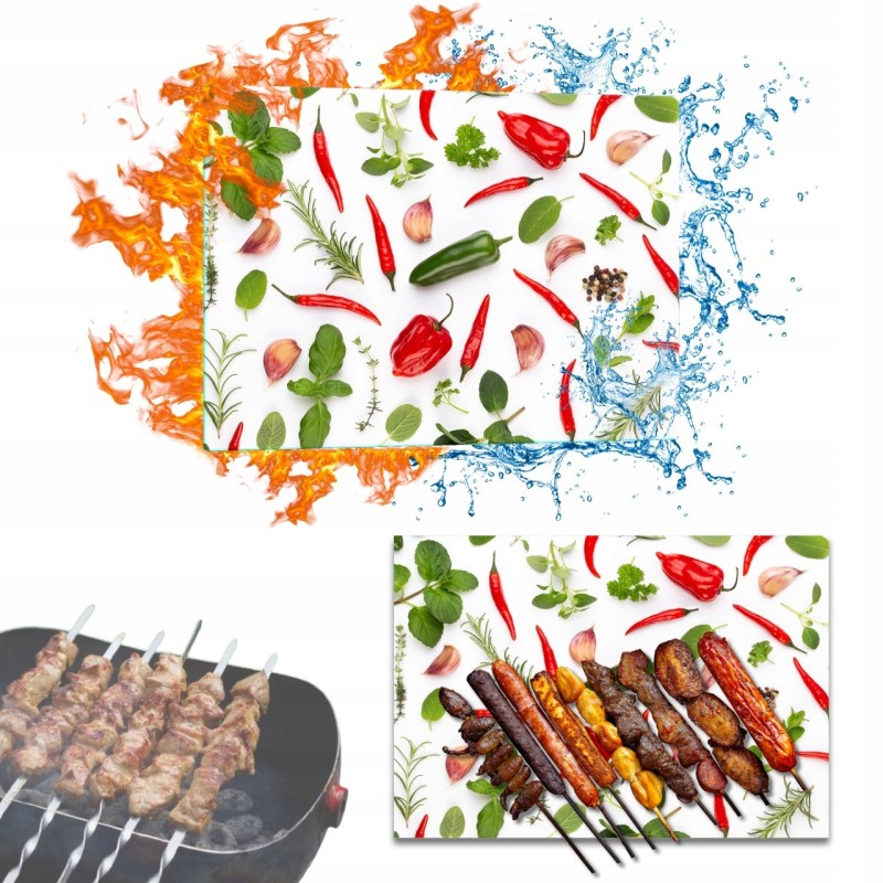 Grilio lenta užkandžiams patiekti sūris mėsa grūdintas stiklas 52x40cm motyvas pipirų žolelės