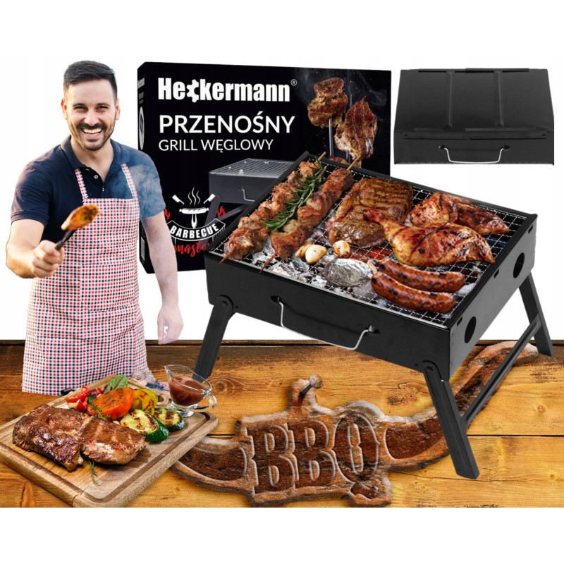 Nešiojama, sulankstoma, metalinė turistinė anglis kepsninė su lagamino rankena