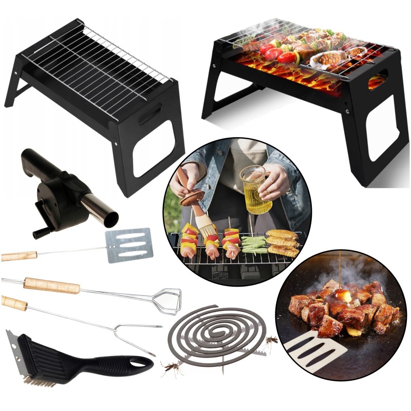 Sulankstomos sodo anglies kepsninės turistams, mega kepsnių komplektas stovyklavimui