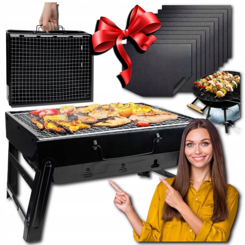 Turistinis grilis mini sulankstomas nešiojamas anglies lagaminas + kilimėliai
