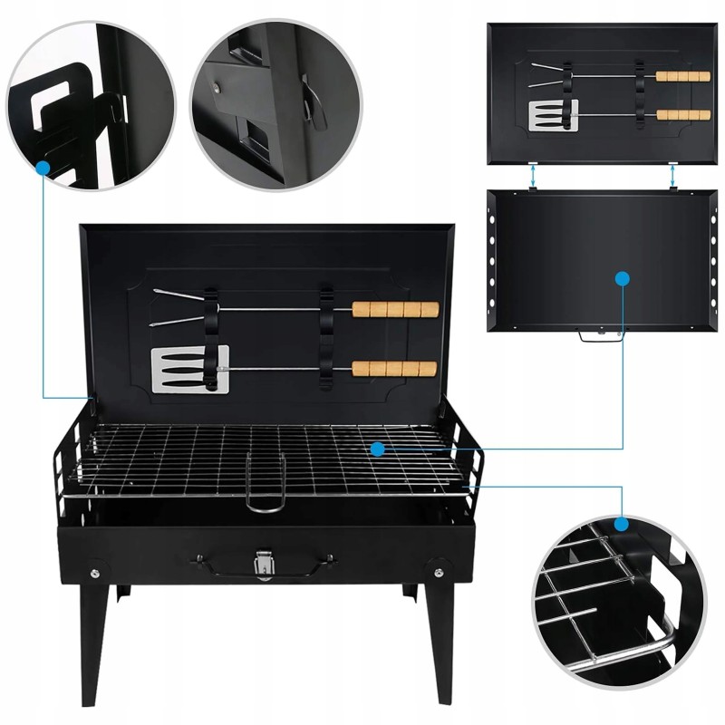 Turistinis sodo grilis sulankstomas nešiojamas stovyklavimo lagaminas + stalo įrankiai