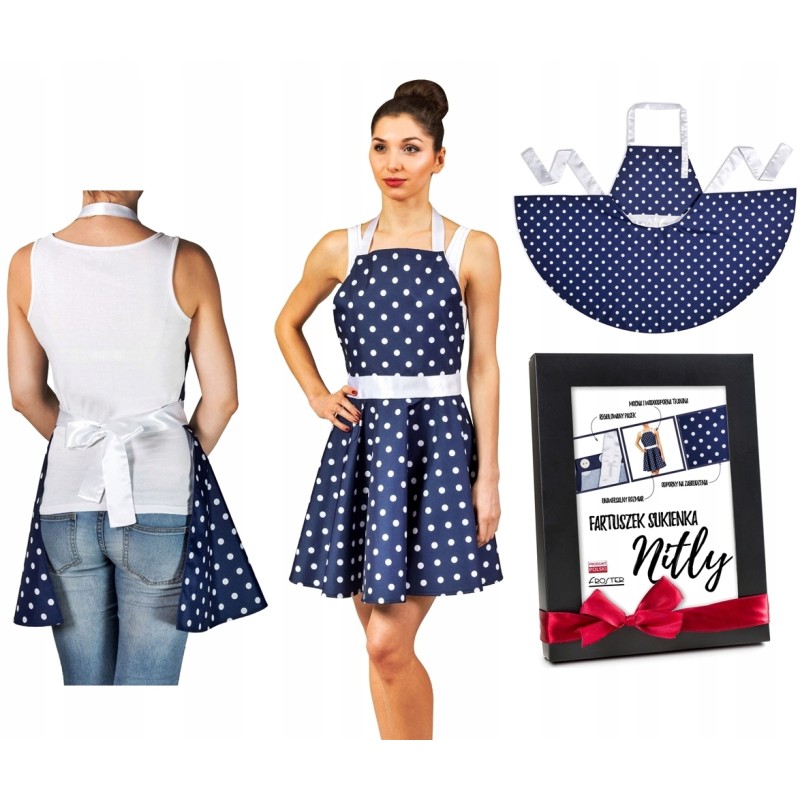 Prijuostės suknelė virtuvės prijuostė su taškeliais tamsiai mėlyna