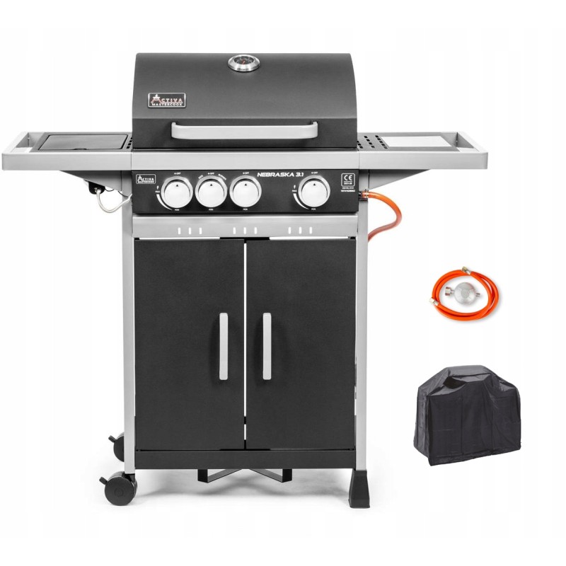 Nebraska cart dujinis grilis 8,4 + 2,8 kW su ketaus grotelėmis + buteliuko anga + dangtelis