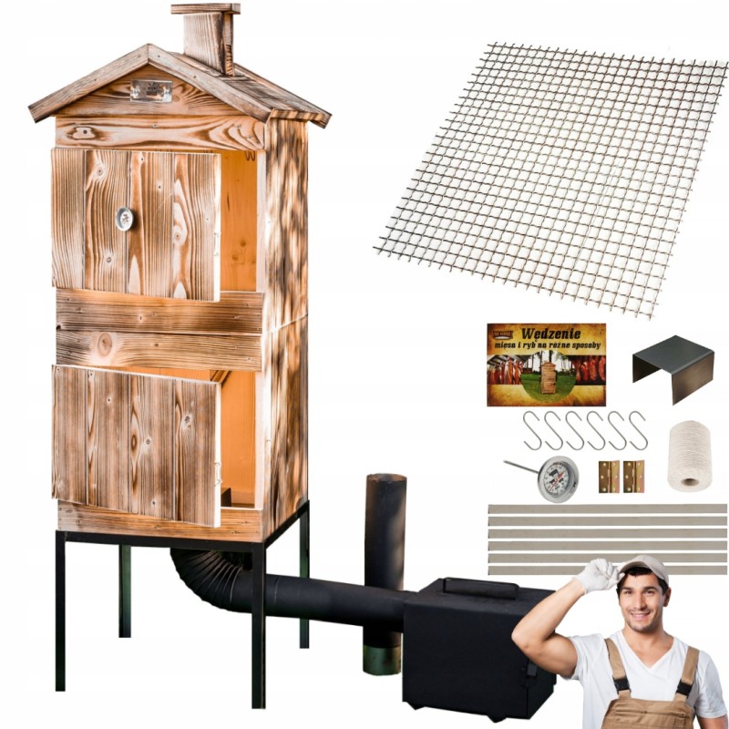 Dviejų kamerų medinė rūkykla su durimis