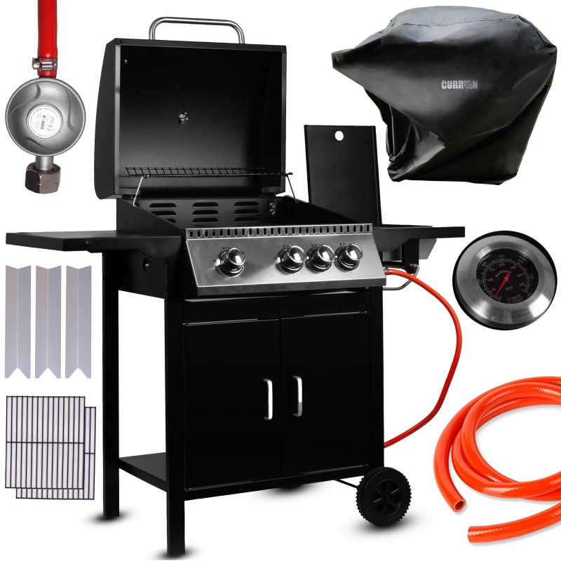 Sodo dujinis grilis, stiprus, didelės grotelės, 4 degikliai, ratai, komplekte dangtis