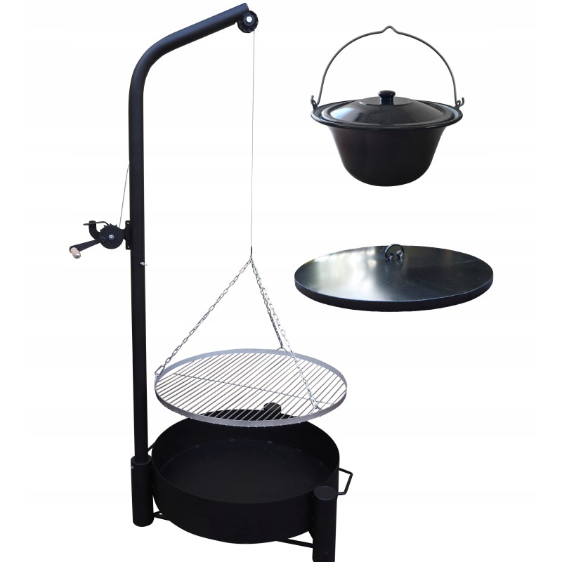 Sodo grilio kranas - 70 nerūdijančio plieno grotelės + dangtis + puodas