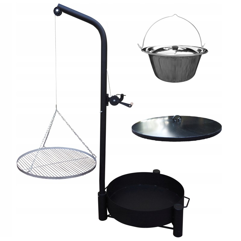 Sodo grilio kranas - 70 nerūdijančio plieno grotelės + dangtis + puodas