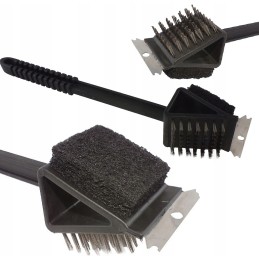 Trys viename grotelių grilio valymo šepetys ir grandiklis