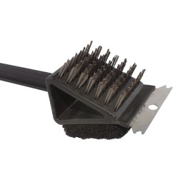 Trys viename grotelių grilio valymo šepetys ir grandiklis