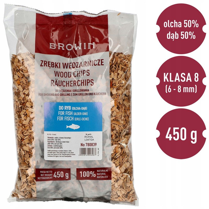 Medienos drožlės žuviai rūkyti ir kepti ant grotelių 450g 50% ąžuolas + 50% alksnis 780839