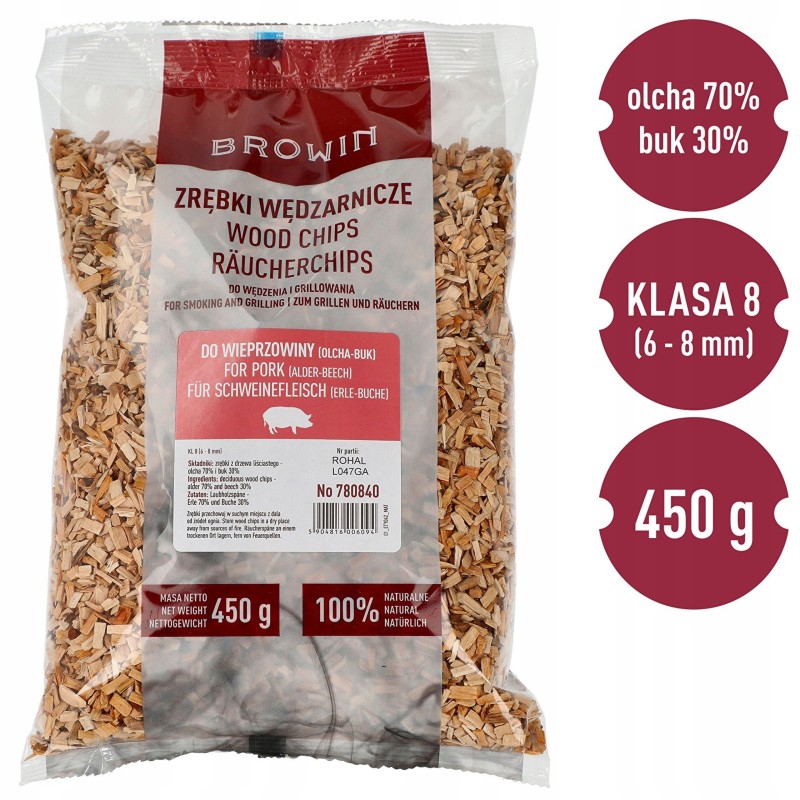 Medžio drožlės kiaulienos rūkymui ir kepimui ant grotelių 450g 70% alksnis + 30% bukas 780840