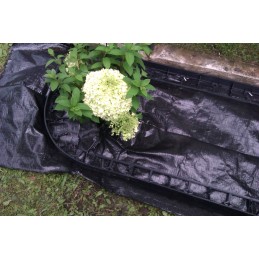 Juodos agrotekstilės mulčiavimas, apsaugantis nuo piktžolių.