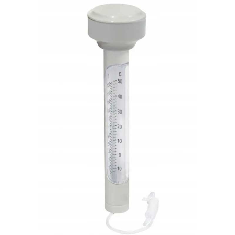 Vertikalus plaukiojantis baseino termometras baseinui, balta plūdė su virvele