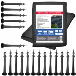 Agrotekstilės kilimėlis nuo piktžolių 50g storio universalus 1,1x5m agrotekstilė + smeigtukų kaiščių rinkinys 20 vnt.