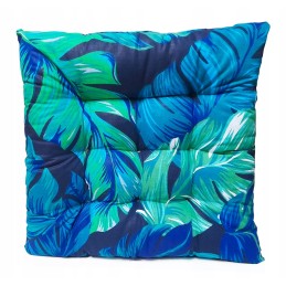 Dygsniuota kėdės pagalvėlė be kaklaraiščių, 35x35, turkio spalvos lapai, tamsiai mėlynas fonas