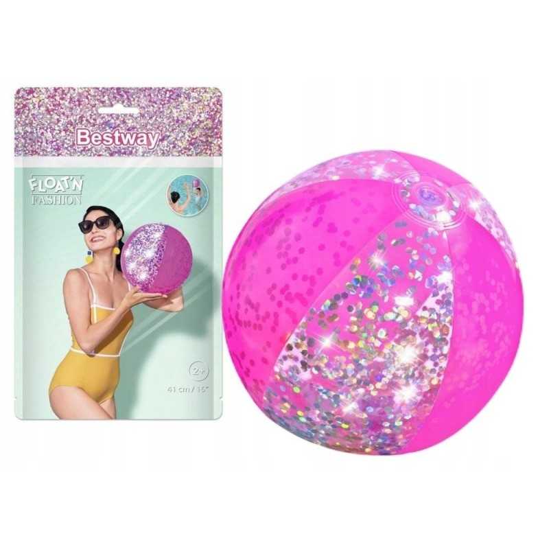 Rožinis paplūdimio kamuolys su blizgučiais, 41 cm
