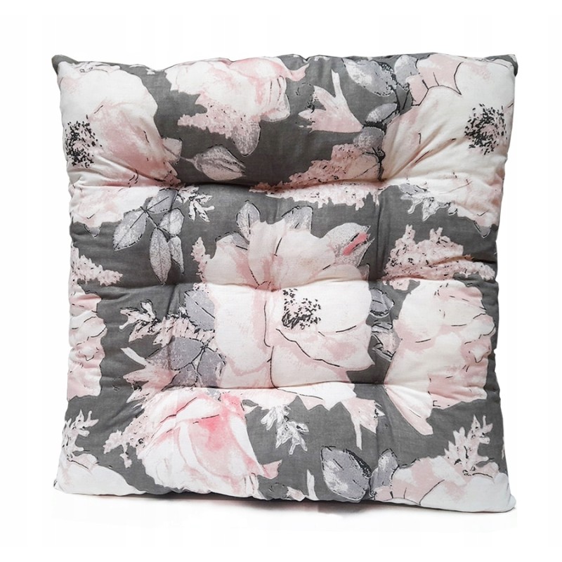 Dygsniuota kėdės pagalvėlė, be kaklaraiščių, 35x35 rožės ant pilkos spalvos