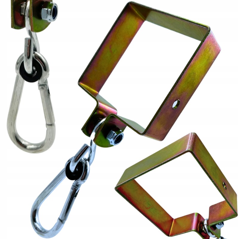 Sūpynių spaustukas 100x100 + karabinas, kvadratinis kabliukas su karabinu