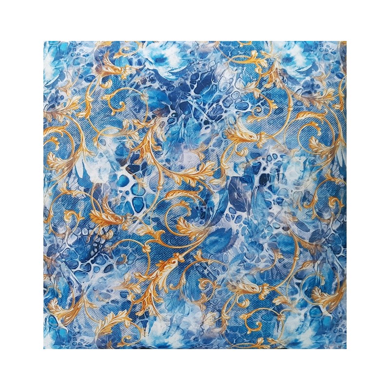 Kvadratinė pagalvė 30x30 su auksiniu ornamentu mėlyname fone