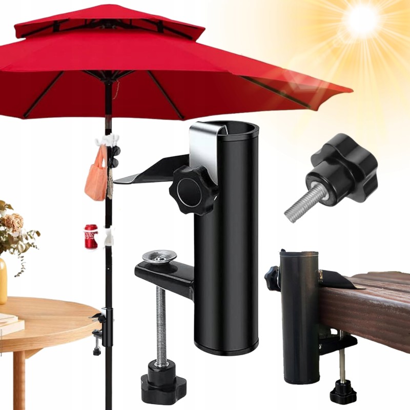 Balcony umbrella holder for table railing, solid attachment