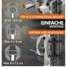 Balkono skėčio laikiklis balkonui, metaliniam turėklui, didelis, reguliuojamas, xxl