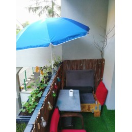 Tilting folding umbrella with cover - blue with silver bottom