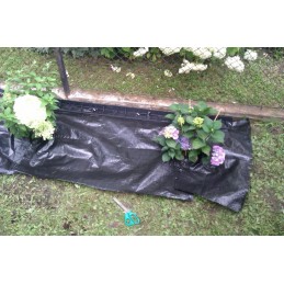 Juodos agrotekstilės mulčiavimas, apsaugantis nuo piktžolių.