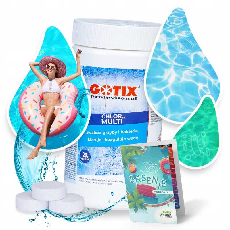 Baseino chemikalai chlortix multi 1kg kovoja su grybais ir bakterijomis baseine gotix