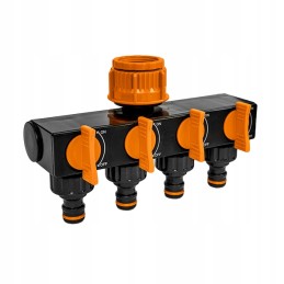 Vandens žarnos skirstytuvas su keturiais čiaupų vožtuvais