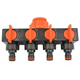 Vandens žarnos skirstytuvas su keturiais čiaupų vožtuvais