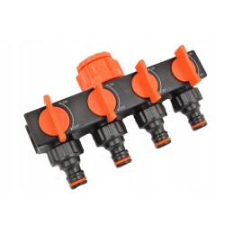 Vandens žarnos skirstytuvas su keturiais čiaupų vožtuvais