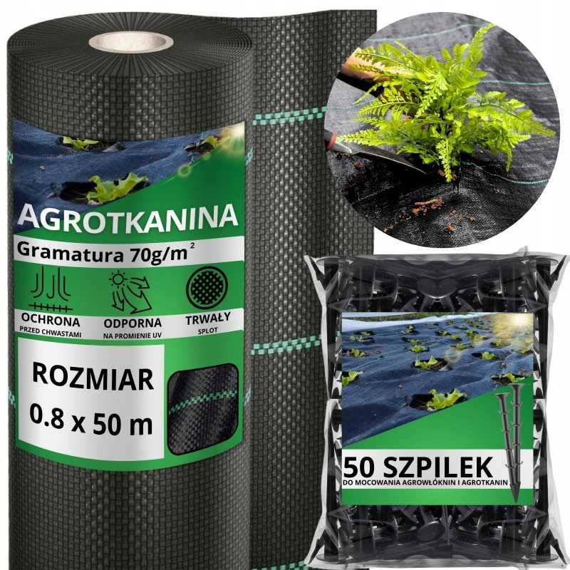Nuo piktžolių agrotekstilė agrotekstilė 70g juoda 0,8x50m UV 3% + kaiščiai