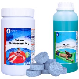 Chlor mėlynos tabletės baseinams multi 1kg 20g preparatas nuo dumblių 1l