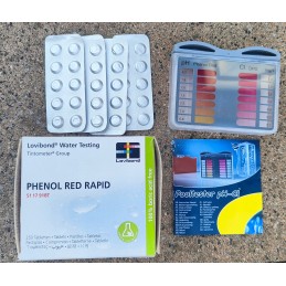 Fenolio raudonos greitojo testerio tabletės, skirtos baseino vandens pH tyrimui, naujos