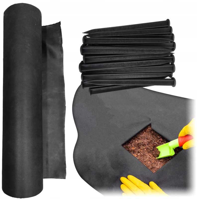 Juoda agrotekstilė piktžolėms po daržovėmis, vaisiais, krūmais, UV, 1,6 x 20 m + inkarai