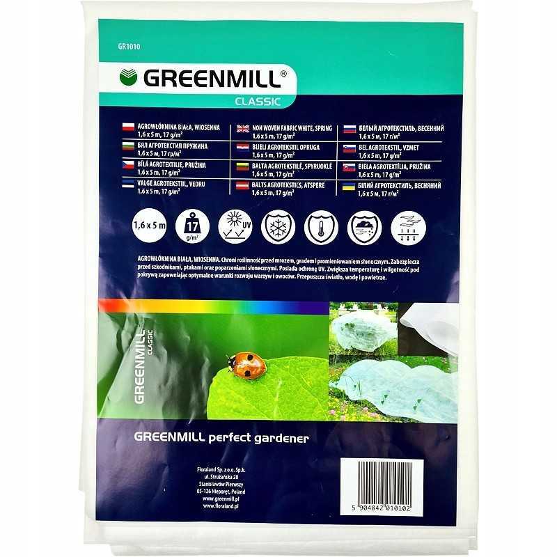 Greenmill klasikinė agrotekstilė balta 1,6x5m 17g/m2 spyruoklė gr1010