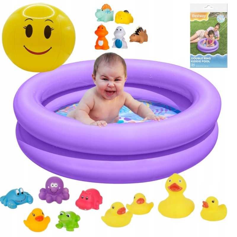 Violetinis pripučiamas baseinas 61 cm mažylio bestway kamuoliui ir žaislų rinkiniui